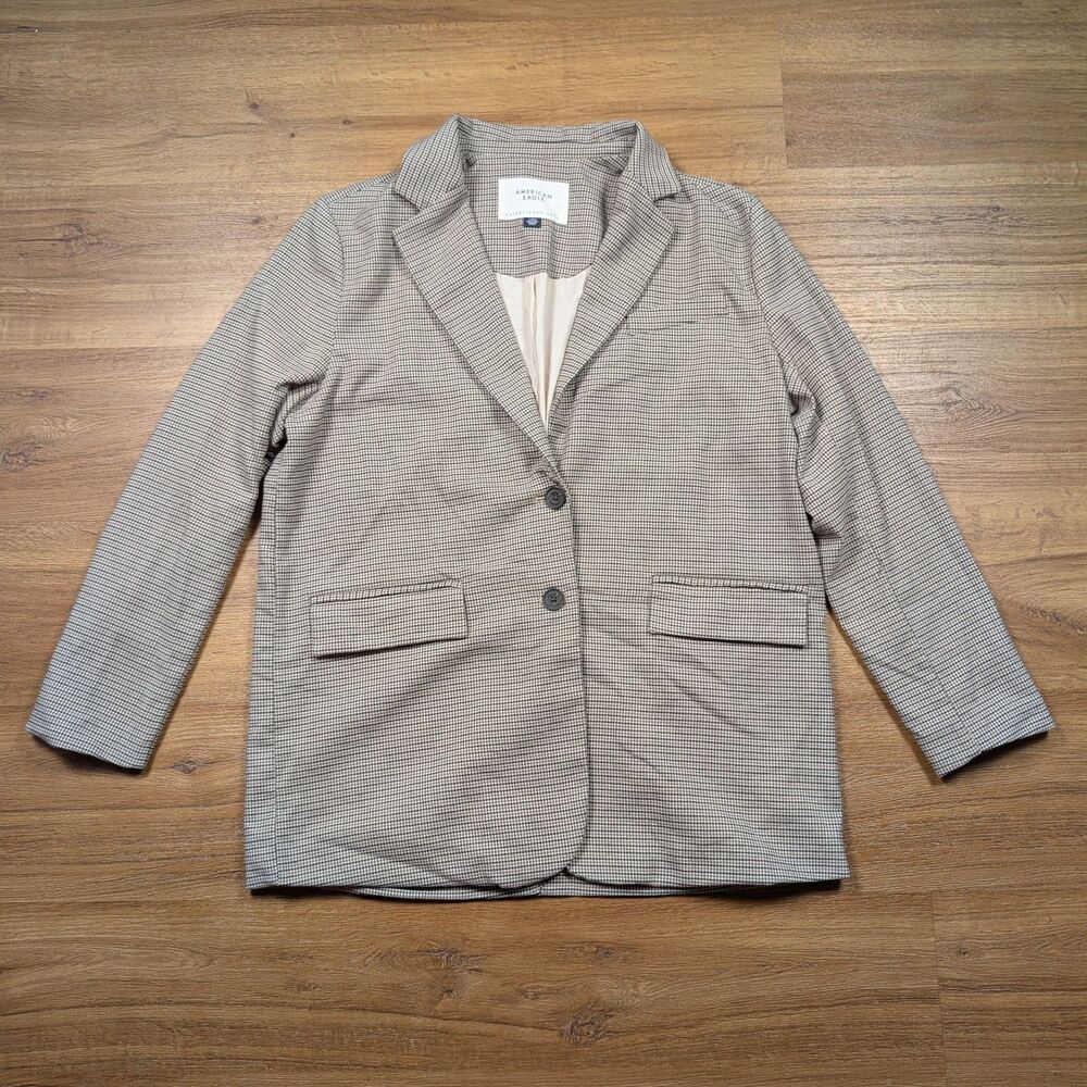 American Eagle Blazer Womens L Beige Houndstooth Two Button Retro Y2k Preppy